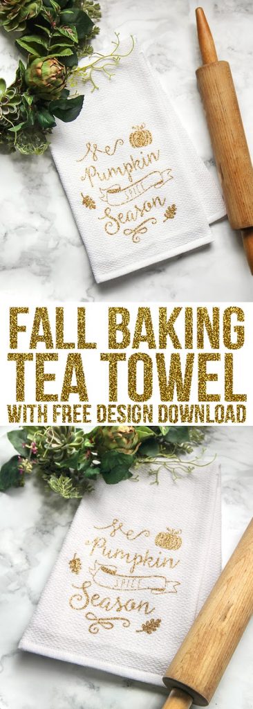 Make your own custom tea towel for fall using glitter heat transfer vinyl and a Silhouette or Cricut machine. It's a cute and easy fall craft to decorate your home. #fallcrafts