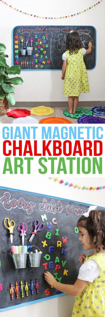How to create an awesome child's art station. It's a large magnetic chalkboard with attached storage space for art supplies and the whole thing hangs on the wall. It would be the perfect addition to a playroom and is sure to encourage creativity in your budding little artist.
