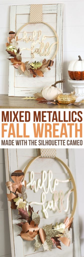 Create a beautiful mixed metallic fall wreath from scrapbook paper and rose gold vinyl cut with a Silhouette Cameo machine.