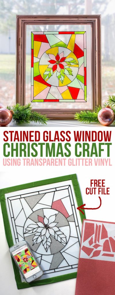 Create a beautiful faux stained glass Christmas window using transparent glitter craft vinyl. Christmas craft ideas from thecraftpatchblog.com #christmascrafts