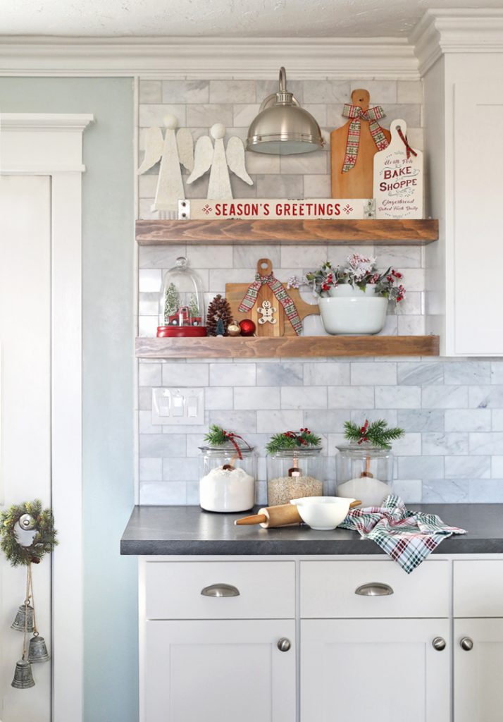 How to decorate open kitchen shelves for Christmas