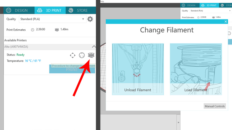 how to change filament in silhouette 3d software