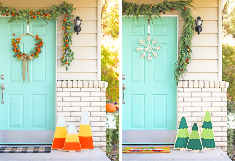 reversible candy corn and christmas tree diy porch decor