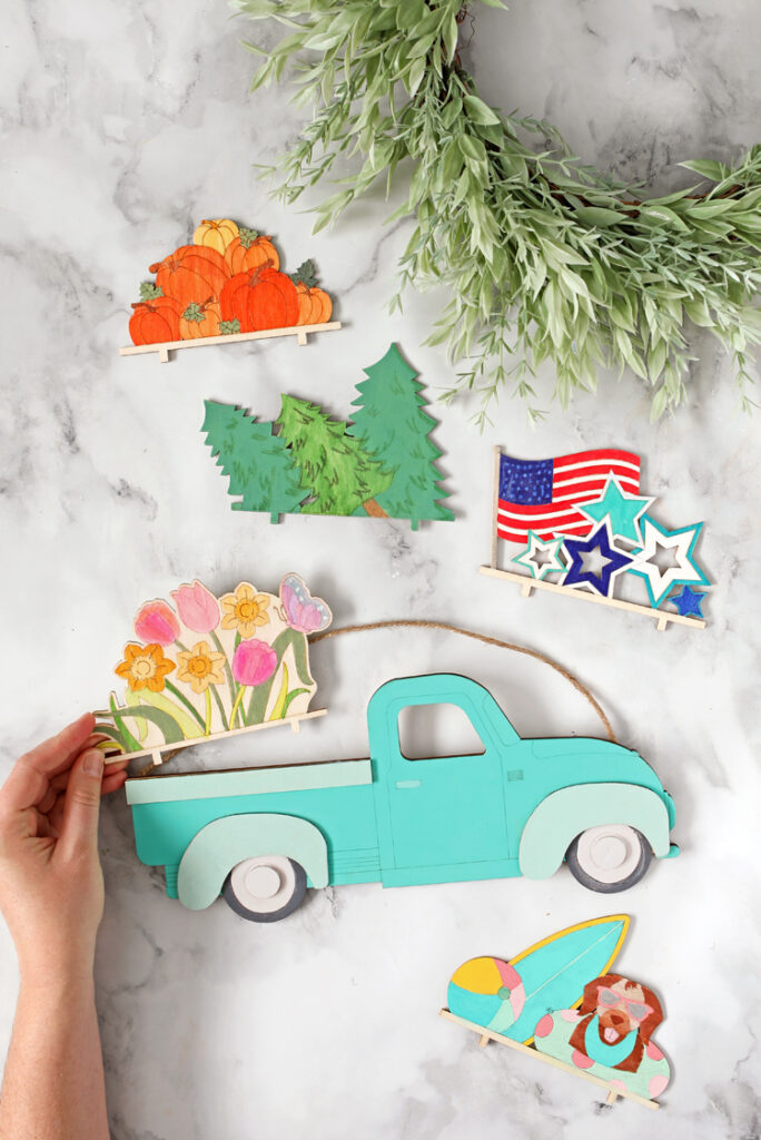 wood truck wall decor with interchangeable pieces