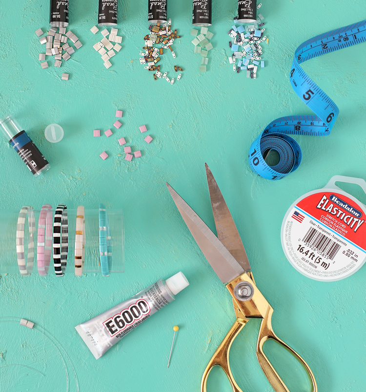 materials needed to make a stretch tile bead bracelet