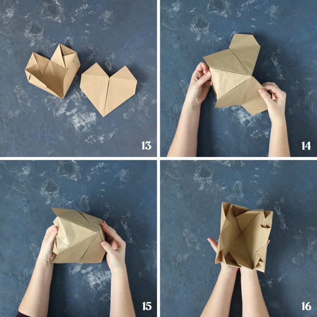 step by step instructions for folding an origami paper heart steps 13-16