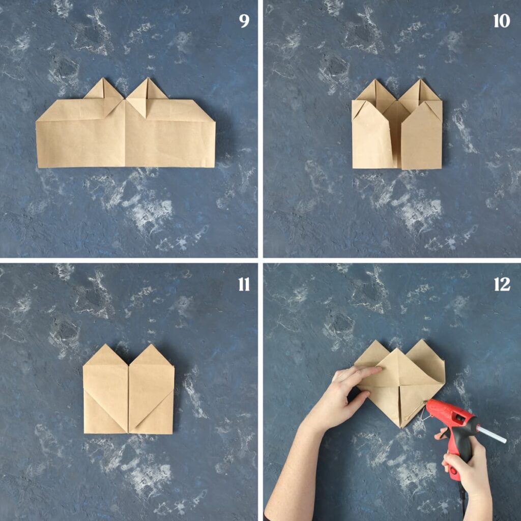 step by step instructions for folding an origami paper heart steps 9-12