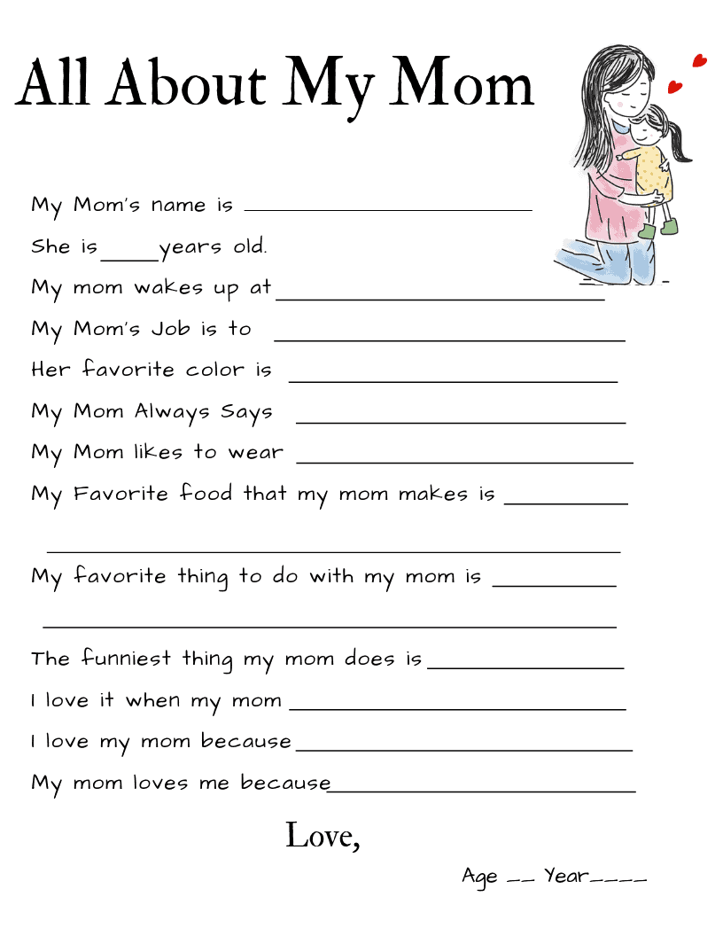 all about my mom mothers day printable