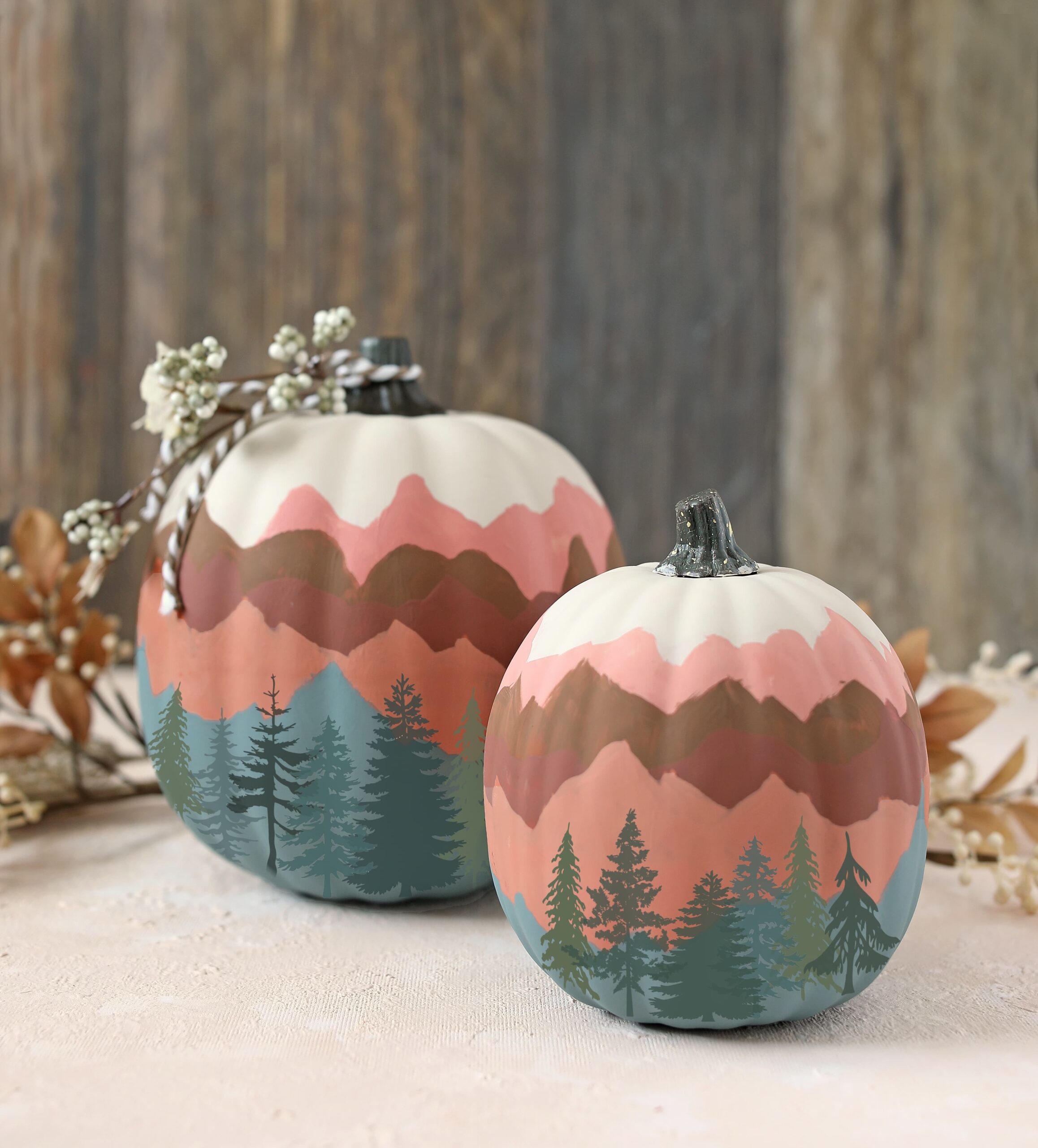 mountain and forest boho painted pumpkins
