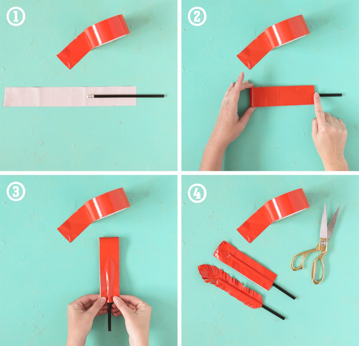 step-by-step instructions to make duck tape feather pencils